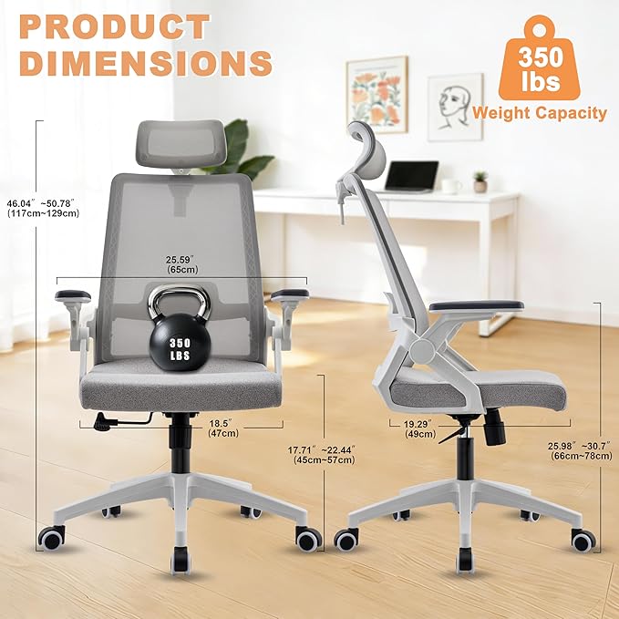Ergonomic Mesh Office Chair with Dynamic Lumbar Support & Adjustable Headrest, Home Office Desk Chair with 90° Swivel Flip-Up Arms, Grey - Tilt Lock, Height Adjustable, 350 lbs Capacity