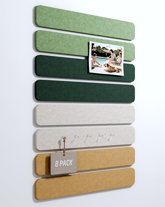 Cork Board Alternative Felt Strip Board 8-Pack 13"x2", Office Pin Board with 50 Push Pins, Adhesive Install for Bedroom Door & Home Office(Forest Meadow)