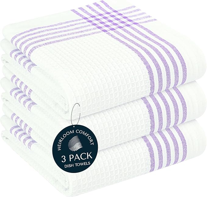 Lavender and White Kitchen Towels 3 Pack, 16x26 Inch, 100% Cotton Waffle Weave, Super Absorbent, Quick Dry, Soft & Durable Dish Towels for Drying, Cooking, Cleaning Tasks
