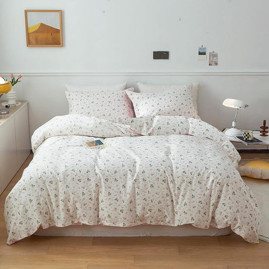 MKXI Pink Floral Girls Comforter Set Cute Bed Quilt Set Fluffy Bedding Set White Patterned Comforter 104"x90" Simple King Size Comforter Set