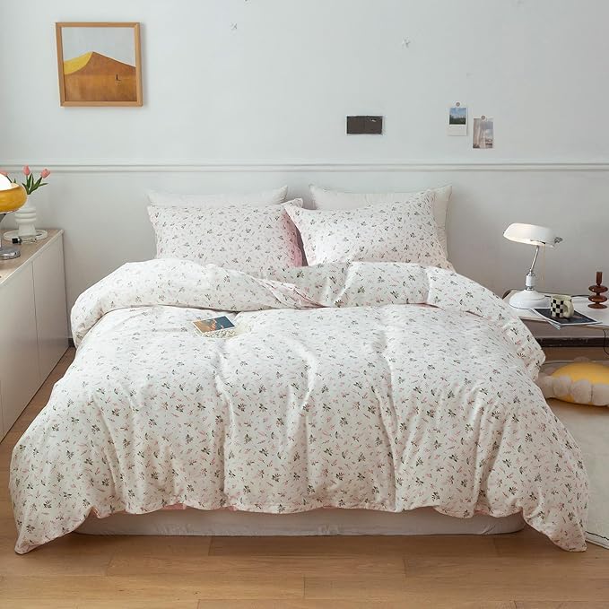 MKXI Pink Floral Girls Comforter Set Cute Bed Quilt Set Fluffy Bedding Set White Patterned Comforter 68"x90" Simple Twin Size Comforter Set