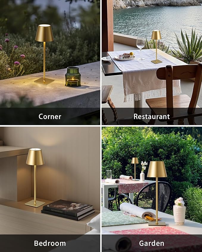KDG 2 Pack Cordless Table Lamp, Portable LED Desk Lamps, 5000mAh Battery Operated, 3 Color Stepless Dimming Up, for Restaurant, Bedroom, Outdoor Camping, Coffee Shop, Night Light, Rechargeable (Gold)