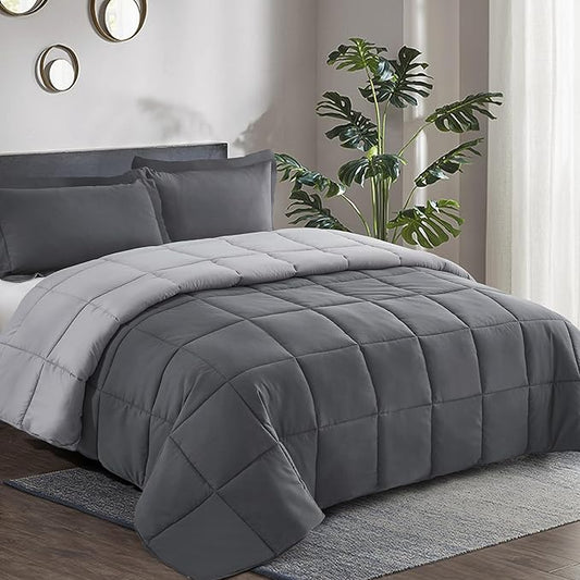 HIG 3pc Gray Full Size Comforter Set - All Season Reversible Down Alternative Comforter with Two Shams - Quilted Duvet Insert with Corner Tabs - Box Stitched Blanket - Breathable, Soft, Fluffy