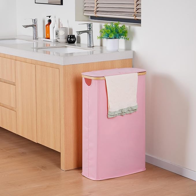 efluky Slim Laundry Basket with Lid, Narrow Laundry Hamper with Removable Bag, Skinny Dirty Clothes Basket with Bamboo Handles for Bathroom, Bedroom & Laundry Room, 63L Pink