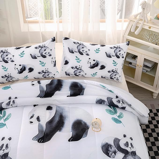 CVHOUSE Panda Bedding - Queen Size, Cute Panda Comforter & 2 Pillow Cases - 3 Piece Set