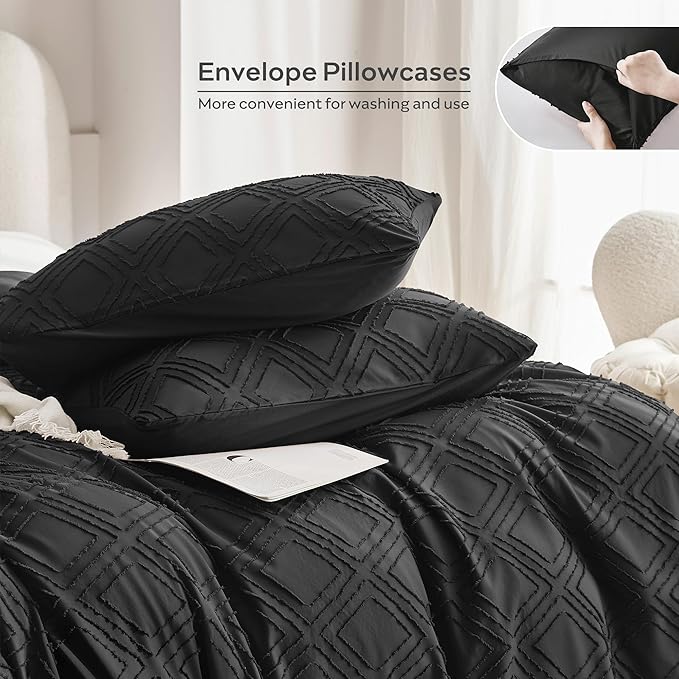 JELLYMONI Duvet Cover King Size Black - 3PCS Boho Duvet Cover Set Plaid Polyester Tufted Bohemian Jacquard Knit Textured Comforter Cover 104×90in Rhombic Geometric Pattern Zipper Corner Tie