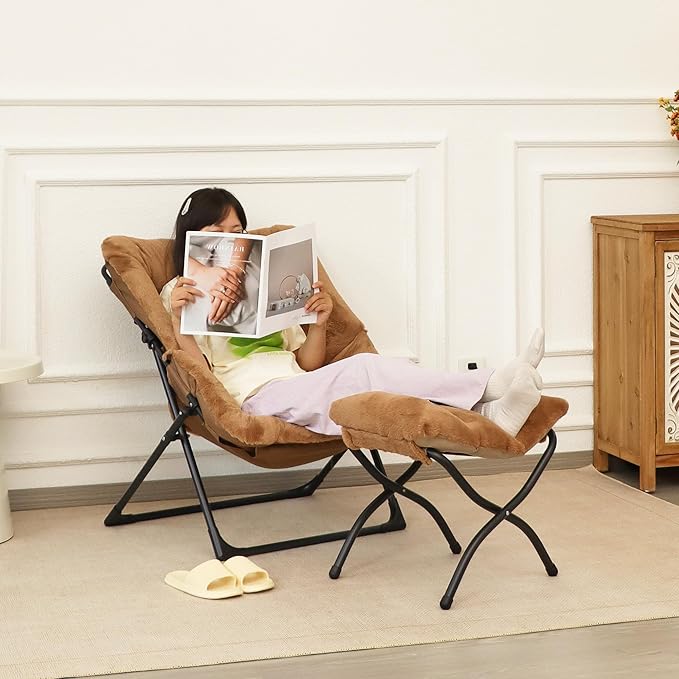 Comfy Saucer Chair for Adults, Soft Faux Fur Bedroom Chair, Accent Dorm Chairs, Flexible Living Room Reading Chairs, Oversized Folding Lounge Seat for Teens, X-Large, Brown