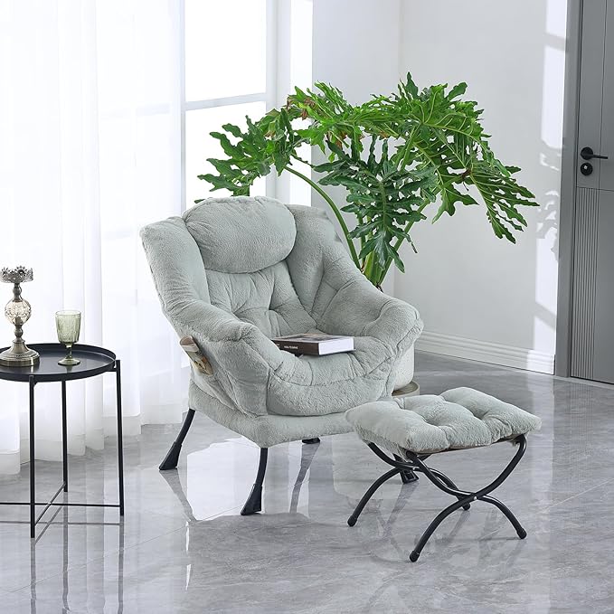 Tiita Lazy Chair with Ottoman, Modern Large Accent Lounge Armchair, Comfy Leisure Sofa Reading Chair with Footrest for Bedroom, Living Room, Dorm Rooms, Garden and Courtyard, Plush Green
