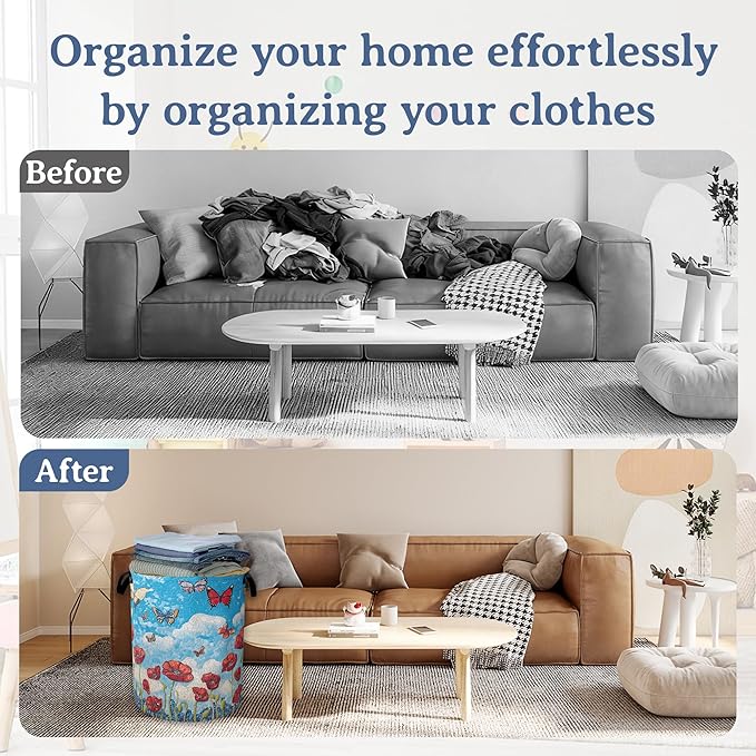 Vintage Poppy Flowers Laundry Basket,Foldable Waterproof Oxford Cloth Tote Bag Butterfly Laundry Hamper with Handles,20.8"x16" Clothes Storage Bucket Organizer for Laundry Room, Bathroom, Bedroom