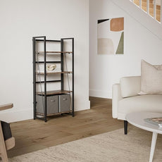 4NM No Assembly Folding Bookshelf Storage Shelves 4 Tiers Vintage Bookcase Standing Racks Study Organizer Home Office (Rustic Brown Black)