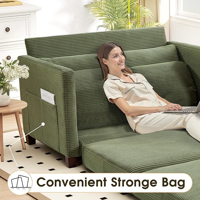 51" Convertible Loveseat Sofa Bed, 2-in-1 Folding Sofa Bed with 2 Pillow for Small Spaces, Modern Loveseat Sleeper Couch for Apartment, Living Room & Guest Room (Green Corduroy, 51 inch)