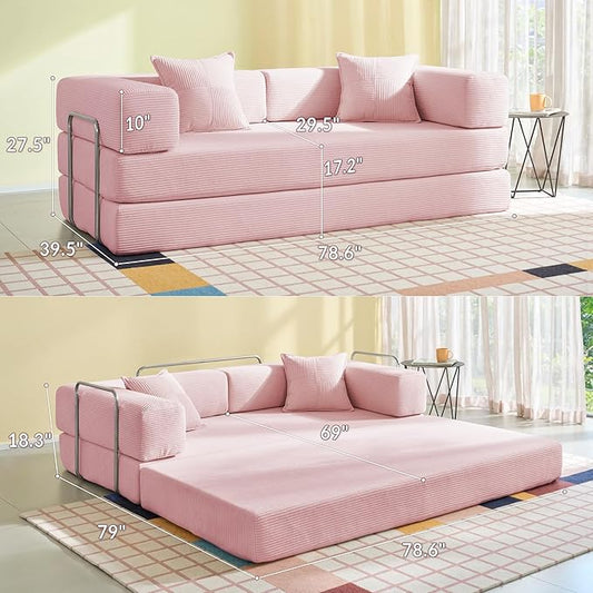 YINIX Foldable Sofa Bed, 78'' Folding Floor Couch, Compressed Convertable Sleeper Sofa, Memory Foam Couch with Pillow Back Support Armrest, 4-in-1 Futon Sofa Bed for Living Room, Pink