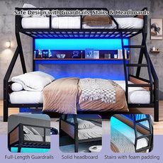 Queen over King Bunk Bed with Storage Shelves, Metal Bunk Beds with Ladders and LED Lights, Heavy-duty Bunkbed for Bedrooms, Guest Rooms and Dorms, No Box Spring Needed and Noise-free Design, Black