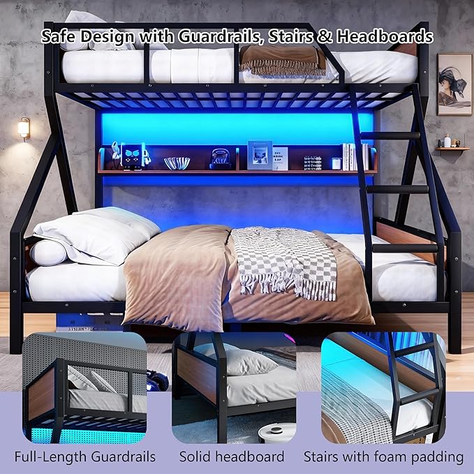 Queen over King Bunk Bed with Storage Shelves, Metal Bunk Beds with Ladders and LED Lights, Heavy-duty Bunkbed for Bedrooms, Guest Rooms and Dorms, No Box Spring Needed and Noise-free Design, Black