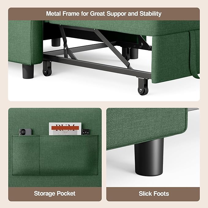 Ahomly Convertible Sleeper Chair Sofa Bed with 3-in-1 Design, Adjustable Backrest, and Storage Pocket for Living Room, Green