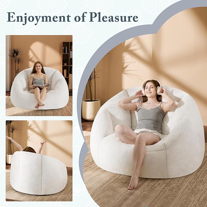 Swivel Giant Bean Bag Chair for Adults - Comfy Plush Round Shell Soft Accent Chair, Oversized Cozy Floor Sofa for Living Room, Bedroom & Game Rooms, Beige