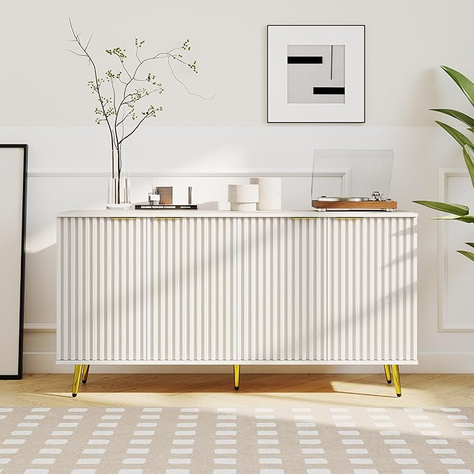 COCO DESIGN 61" Buffet Sideboard with Fluted Panel Doors, Power Outlet & Adjustable Shelves, Storage Cabinet with Metal Legs, Modern Farmhouse Console for Kitchen Dining Living Room Entryway, White