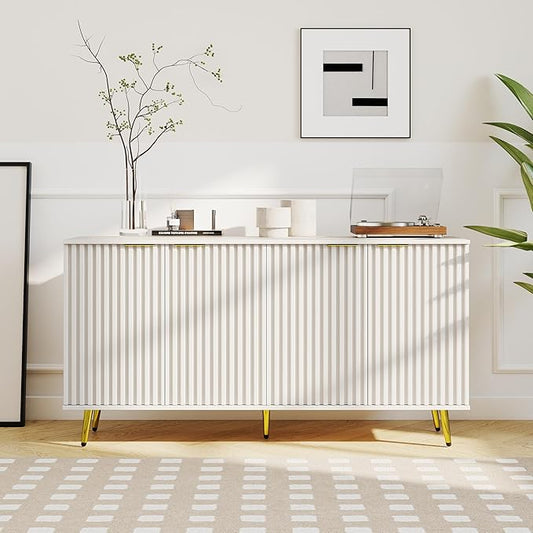COCO DESIGN 61" Buffet Sideboard with Fluted Panel Doors, Power Outlet & Adjustable Shelves, Storage Cabinet with Metal Legs, Modern Farmhouse Console for Kitchen Dining Living Room Entryway, White
