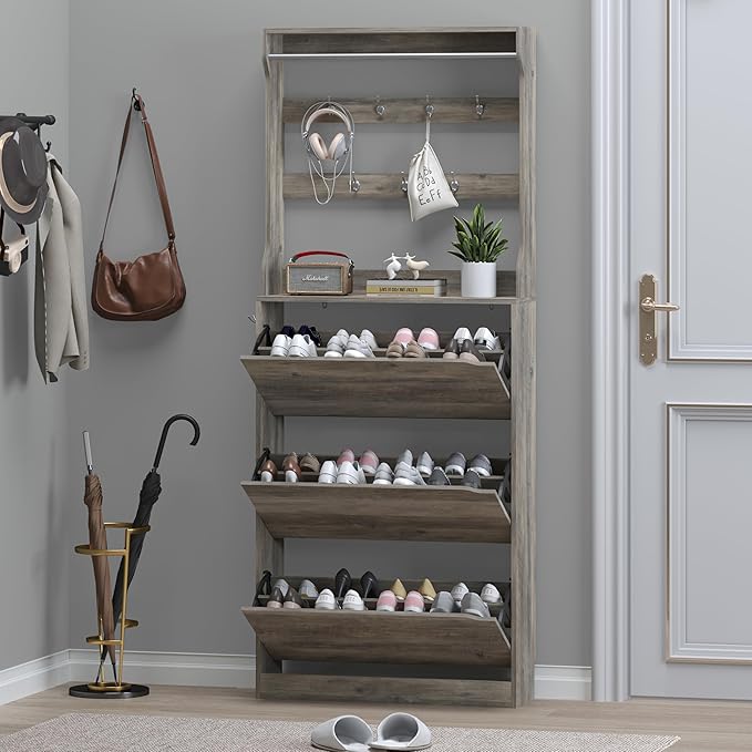 Shoe Cabinet with 3 Flip Drawers & Coat Rack, Narrow Hidden Shoe Storage Cabinet, 2-in-1 Hall Tree Slim Freestanding Shoe Rack Organizer for Entryway, Hallway, and Living Room