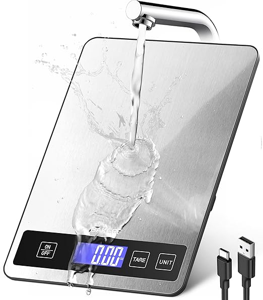 Food Scale - 15kg/33lb Rechargeable Digital Kitchen Scale with Full-View LCD Display, Grams and Ounces, Type-C or Batteries (Not Inc.), Easy Clean Stainless Steel, for Baking, Cooking, Black