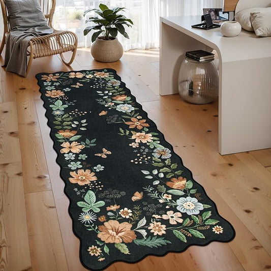 Lahome Floral Kitchen Runner, 2X6 Washable Runner Rug Non Slip Ultra-Thin, Soft Hallway Rug Stain Resistant Boho Small Low-Pile Carpet for ‎Laundry Bathroom Bedroom(2x6ft,Black/Grey)