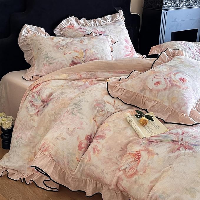 HighBuy Farmhouse Linen Cotton Duvet Cover Full Size,Pink Floral Ruffle Design Muslin Yarn-Dyed Textured Duvet Cover Set Coquette Soft Comforter Cover Ruffle,3 Pieces Cottagecore Bedding Set