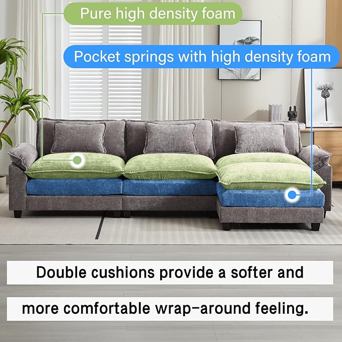 120" Modular Sectional Sofa, Comfy Cloud Couch Sectional Sofa with Ottoman, Chenille Sofa Sleeper Deep Seat Sofa with Throw Pillows for Living Room (Light Gray, 120"- L Shape)