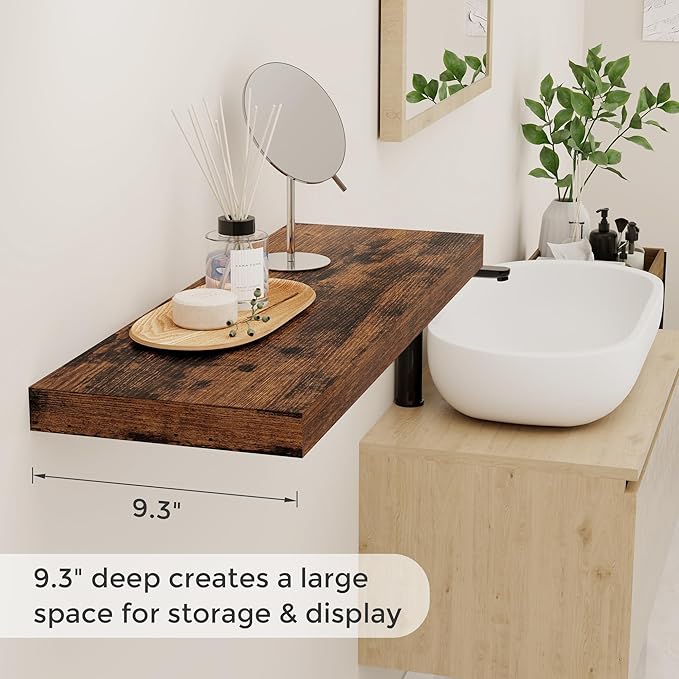 32 Inch Floating Shelves, Wall-Mounted Bathroom Shelves Set of 2, 9.3 Inch Deep Floating Shelf Bookshelf for Living Room, Bedroom, Heavy-Duty Deep Storage Shelf for Wall, Rustic Brown Color