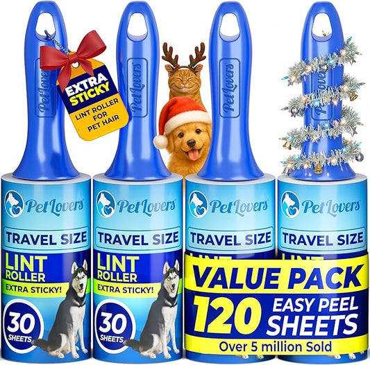 PetLovers Extra Sticky Lint Roller Mega Value Set for Pet Hair Removal and Clothes, Dog and Cat Lint Remover (Blue, 4 Pack Mini)