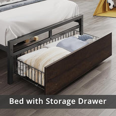 LIKIMIO Twin Bed Frames with Drawer, Storage Headboard with Outlets, No Box Spring Needed, Easy Assembly, Dark Brown