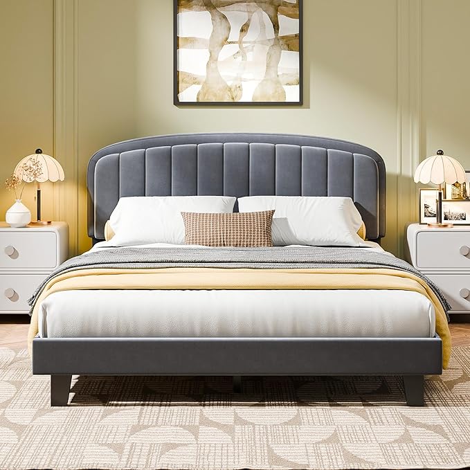Cozy Castle Queen Bed Frame with Adjustable Vertical Channel Tufted Headboard, Velvet Upholstered Platform Bed with Wood Slats, Mattress Foundation, No Box Spring Needed, Easy Assembly, Gray