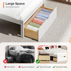 VINGLI Solid Wood Twin LED Bed Frame with USB Charging Single Panel Platform Bed with 40 Inches Tall Headboard and Underbed Storage Drawer,White