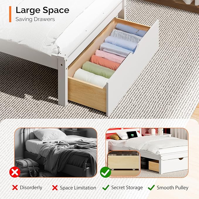 VINGLI Solid Wood Twin LED Bed Frame with USB Charging Single Panel Platform Bed with 40 Inches Tall Headboard and Underbed Storage Drawer,White