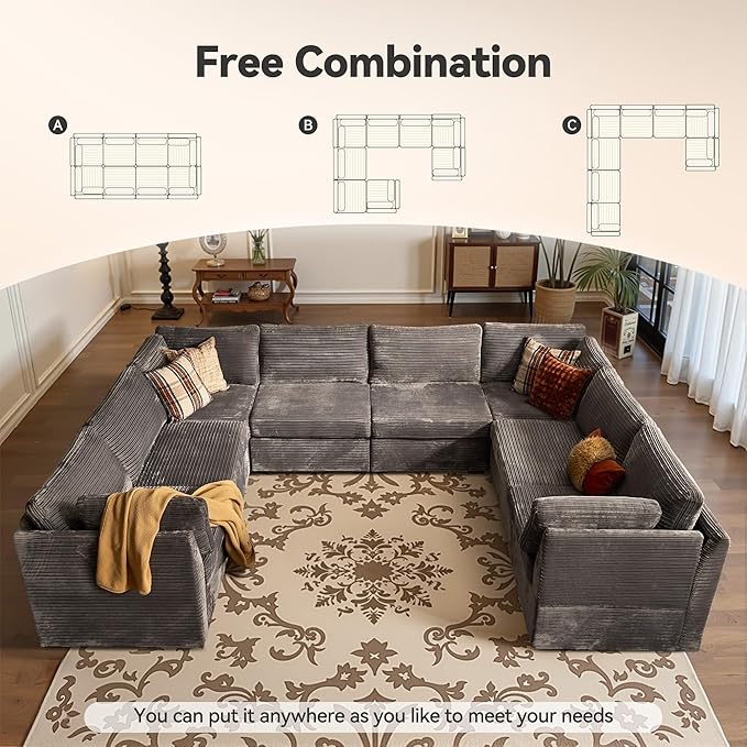 Large 8 Seat Modular Sectional Sofa with Ottoman Seat Corduroy Sleeper Sectional Sofa Bed Oversized Convertible Modular Couch for Living Room