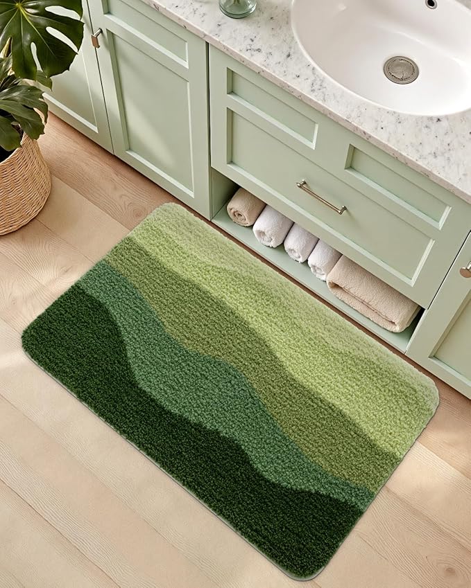 DEXI Bathroom Rugs Non Slip, 20x32 Washable Microfiber Bath Mat Quick Dry, Absorbent Ultra Soft Natural Mountains Bathmat for Shower Floor Tub Sink, Green