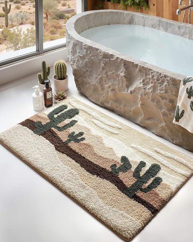 DEXI Bathroom Rug Washable, 43x24 Non Slip Bath Large Mat Absorbent, Soft Plush Microfiber Bathmat Quick Dry for Shower Floor, Desert