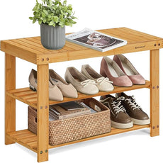 SONGMICS Shoe Rack Bench, 3-Tier Bamboo Shoe Storage Organizer, Entryway Bench, Holds Up to 286 lb, 11.3 x 27.6 x 17.8 Inches, for Entryway Bathroom Bedroom, Natural ULBS04N