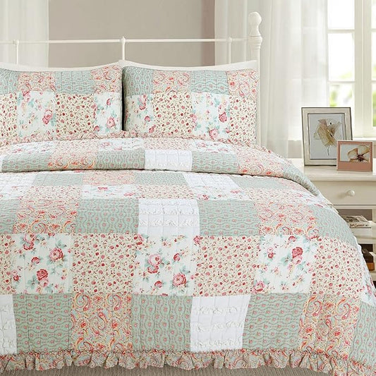 Cozy Line Home Fashions 100% Cotton Real Patchwork Floral Coral Pink Ruffled Shabby Chic Girly Reversible Quilt Bedding Set, Coverlet Bedspread (Sweet Roses, Queen - 3 Piece)