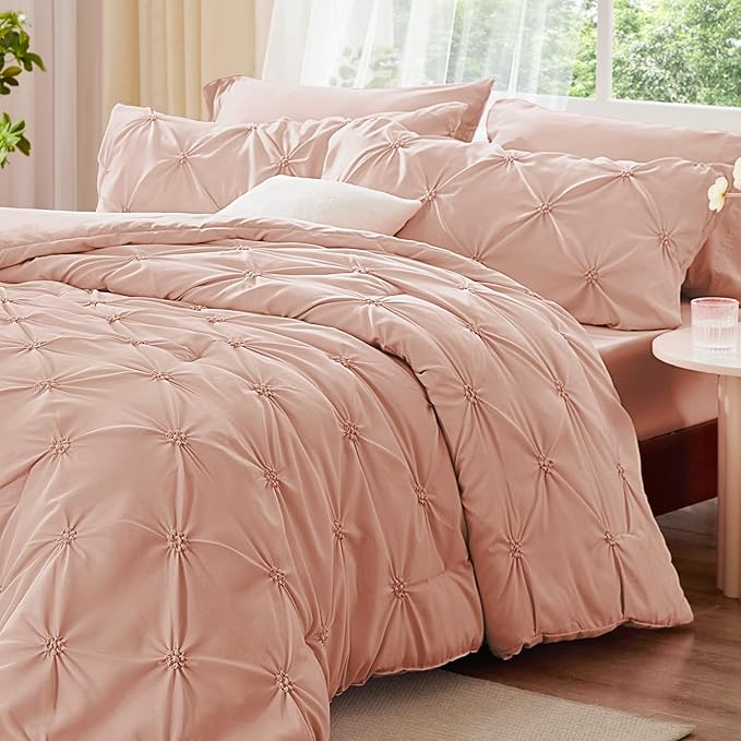 BEDELITE Dusty Pink Queen Comforter Set - 3 Pieces Boho Pintuck Bedding Comforter Sets, Lightweight Soft & Warm Bed Comforter Queen with 2 Pillowcases for All Season