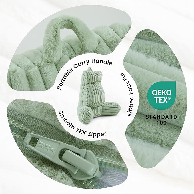 Amélie Home Faux Fur Reading Pillow with Pocket for Sitting in Bed, Adult Backrest Bed Pillow with Washable Cover for Lounging, Study & Relaxing, Sage Green 25 inches