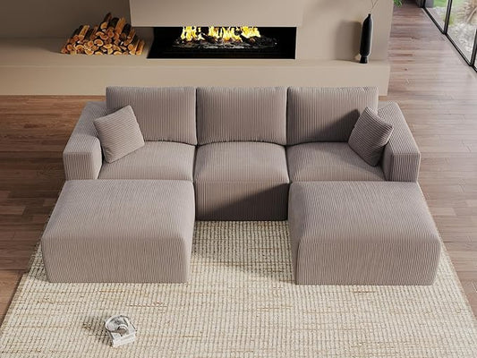 Modular Sectional Sleeper Sofa Couches for Living Room - Modern 110" U-Shaped Boneless Cloud Couch - Easy Assembly, Grey Cozy Corduroy Convertible Full Sponge Compression Sofas for House, Apartment
