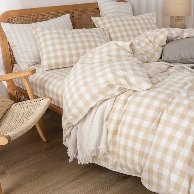 BESTOUCH Duvet Cover Set 100% Washed Cotton Linen Feel Super Soft Comfortable Chic Lightweight 3 PCs Home Bedding Set Almond Grey & White Grid King