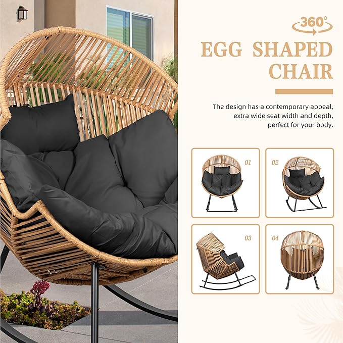 Vongrasig Comfy Wicker Rocking Egg Chair, Soft Thick Cushion Rattan Lounge Chair, High Capacity Steel Frame, Reading Chair for Living Room, Bedroom, Dorm Rooms (Black)