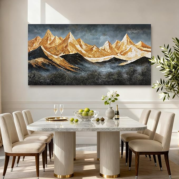 YETHEN WAL Extra-Wide Gold Mountain Wall Art – Oversized Panoramic Landscape Canvas, Textured Mountain Scenery for Living Room Bedroom Office, 29×58 Inch