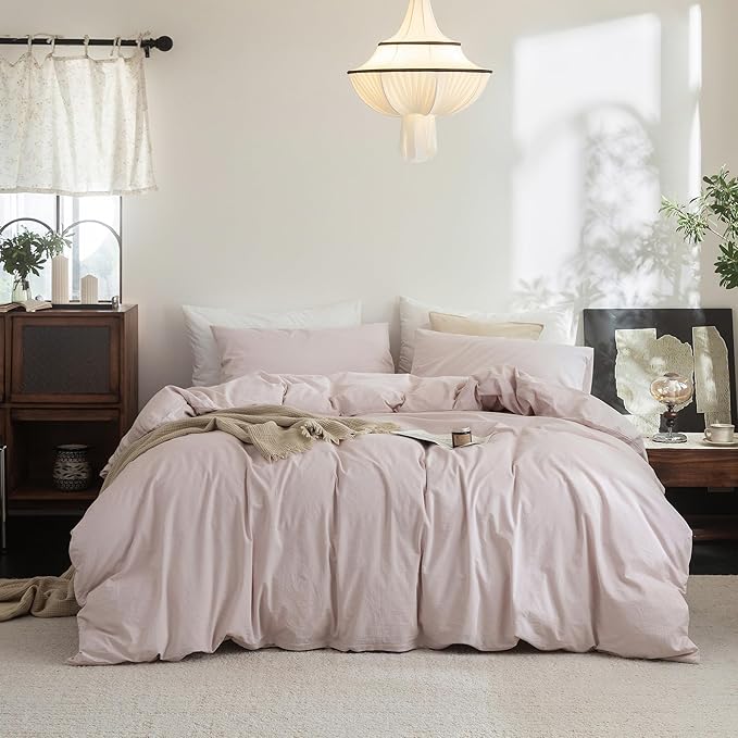 FOSSA Duvet Cover Set 100% Washed Cotton Linen Feel Super Soft Breathable Cozy 3 Pieces Bedding Sets Solid Greyish Pink Queen