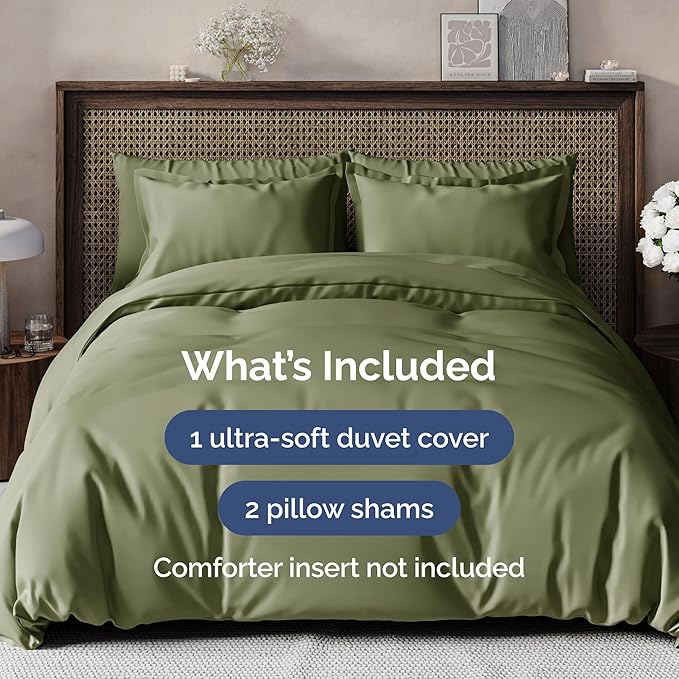 Duvet Cover Queen Size Set - Extra Soft Queen Size Duvet Cover 90 x 90 with 2 Pillow Shams - Hotel Luxury Easy Care and Fade Free w/Zipper Closures & Ties - Comfy Breathable Bedding Set (Sage Green)
