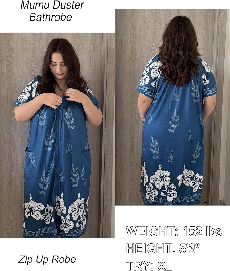 Ekouaer Women Robe Zipper Front Mumu Duster Robes Zip Up Housecoat Soft Sleepwear with Pockets