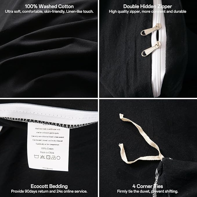ECOCOTT Black Duvet Cover Oversized King Size - 100% Washed Cotton Durable Soft Comfy Duvet Cover Set, Lightweight and Breathable with Zipper Closure(120"x 98")