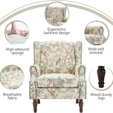 Lumibee High Back Accent Chair, Armchair in Fabric,Comfy Upholstered Wingback Single Sofa Reading Chair with Solid Wood Legs for Living Room,Bedroom,Office-Bird