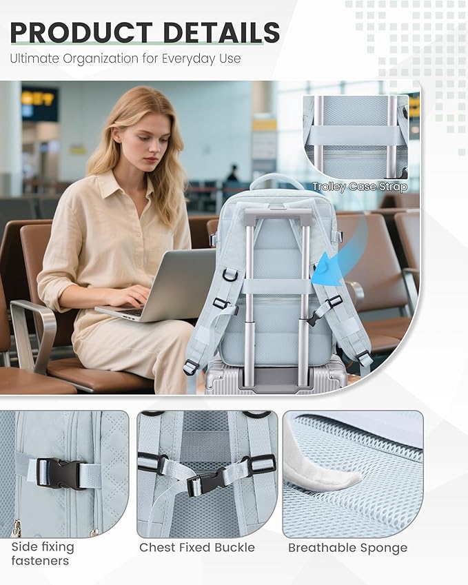 suwasp Vacuum Backpack Travel with Pump, Travel Backpack for Women Men, Vacuum Compression Bags with Laptop Compartment/Shoe Compartment, Personal Item Carry On Backpacks Flight Approved, Light Blue